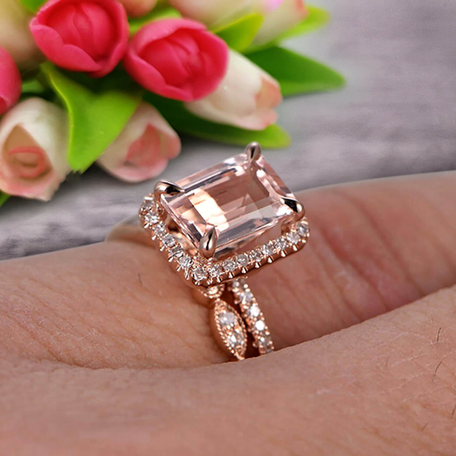 JeenJewels Milgrain Art Deco 2.25 Carat 7x5mm Emerald Cut Morganite Wedding Set Engagement Ring Anniversary 10k Rose Gold Claw Prongs