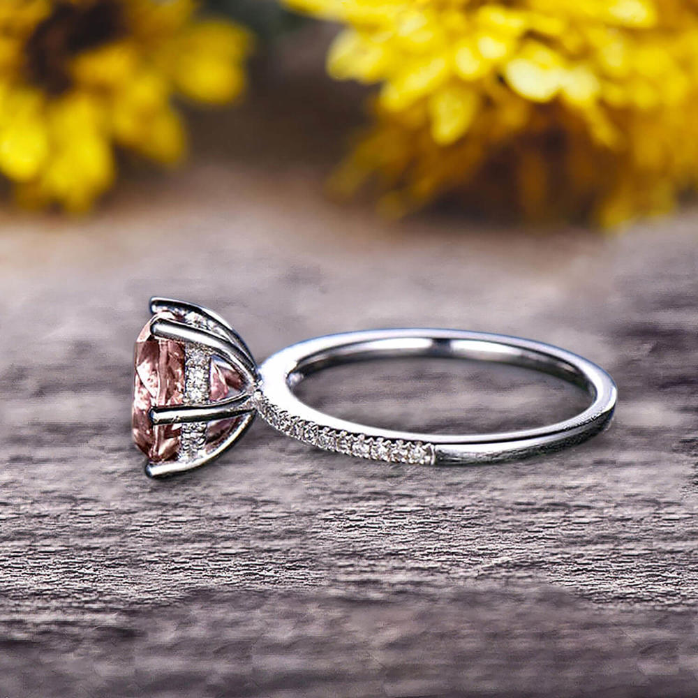JeenJewels 6mm Round Morganite 1.5 Carat Engagement Ring Solid 10k Rose Gold Wedding Ring basket underneath Halo Pink Gemstone