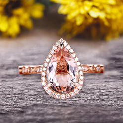 JeenJewels 1.75 Carat 8x5mm Pear Shape Pink Morganite Engagement Ring Art Deco Wedding Ring 10k Rose gold Milgrain Anniversary Ring Halo