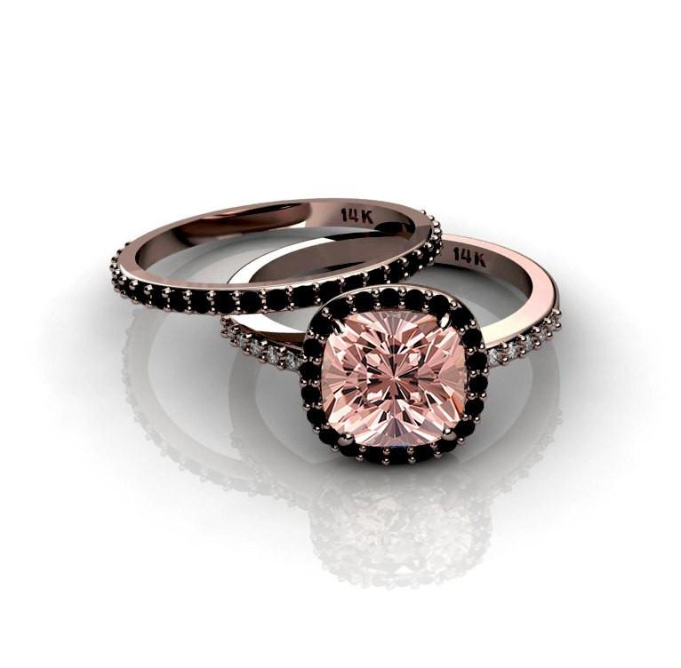 JeenJewels 2.55 Carat 7mm Cushion Cut Morganite Ring with Black diamond Moissanite Halo Bridal Set with 18k Gold Plating