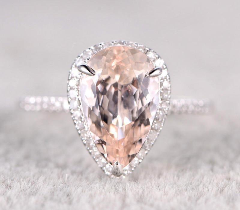 JeenJewels Sale 1.75 Carat 8x5mm Pear Cut Morganite and Moissanite Diamond Halo Engagement Ring for Women with 18k Gold Plating