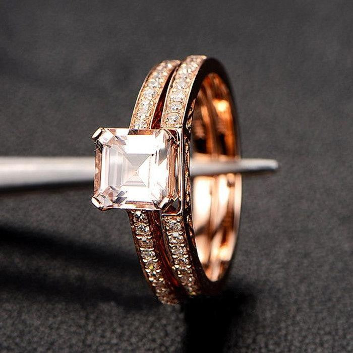 JeenJewels 2.25 Carat 6mm Princess Cut Morganite and Diamond Moissanite Bridal Wedding Ring Set in Rose Gold Bestselling Design