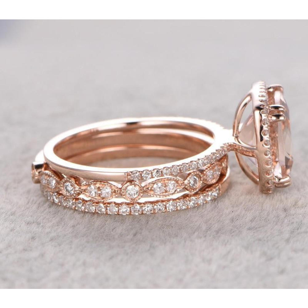 JeenJewels 3 Carat 6mm Cut Princess Morganite Trio Wedding Ring with Moissanite Diamonds on 10k Rose Gold 1 Engagement Ring 2 Wedding Bands