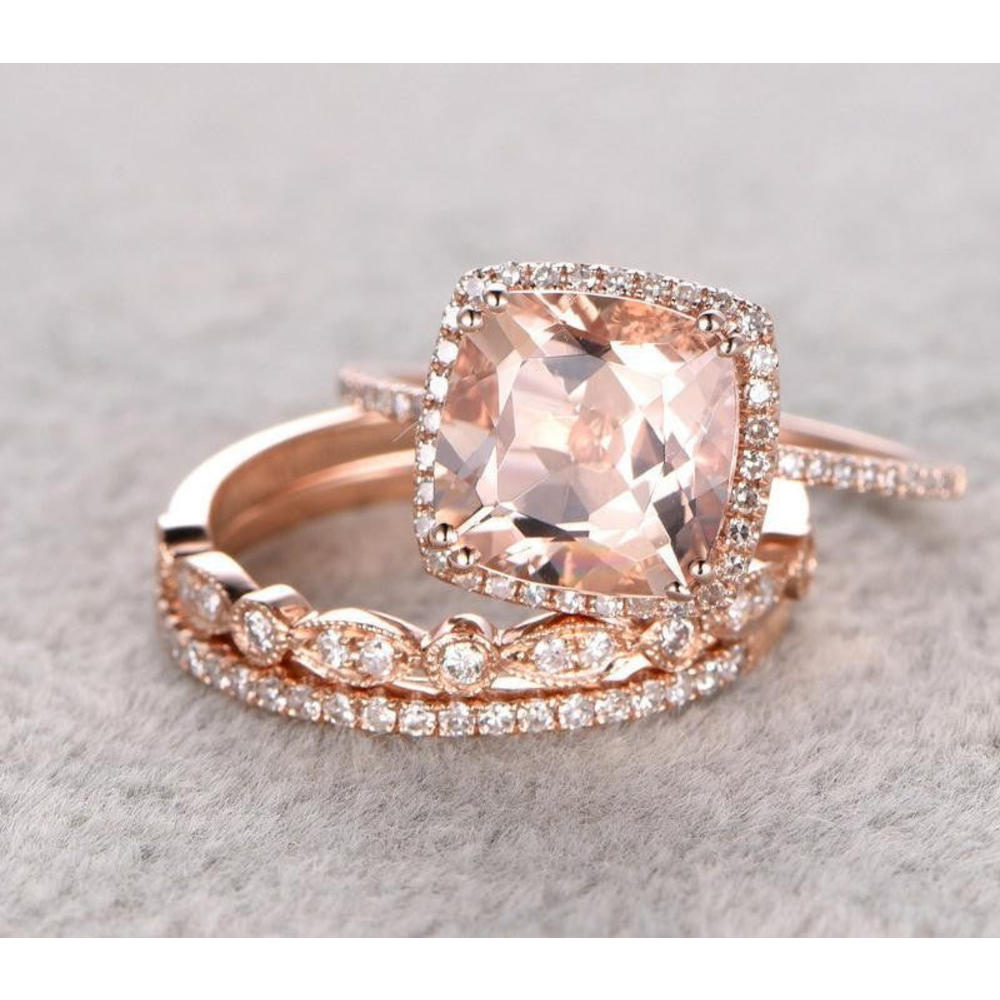JeenJewels 3 Carat 6mm Cut Princess Morganite Trio Wedding Ring with Moissanite Diamonds on 10k Rose Gold 1 Engagement Ring 2 Wedding Bands