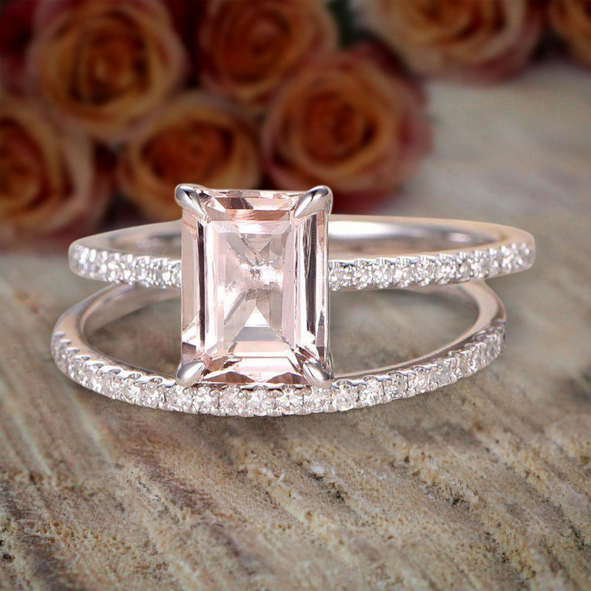 JeenJewels 2 Carat Peach Pink 7x5mm Emerald Cut Morganite and Diamond Moissanite Engagement Ring Wedding Bridal Set with 18k Gold Plating
