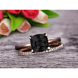 JeenJewels Shining Bridal Set Cushion Cut Gemstone 1.80 Carat Black Diamond Moissanite Engagement Ring Set Handmade Solid 10k Rose Gold