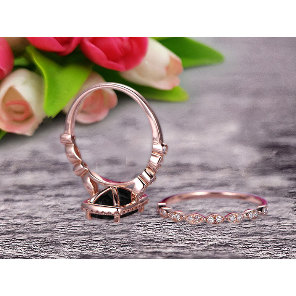 JeenJewels Bridal Set 2.50 Carat Cushion Cut Black Diamond Moissanite Engagement Ring Set On 10k Rose Gold Art Deco Style Anniversary Gift