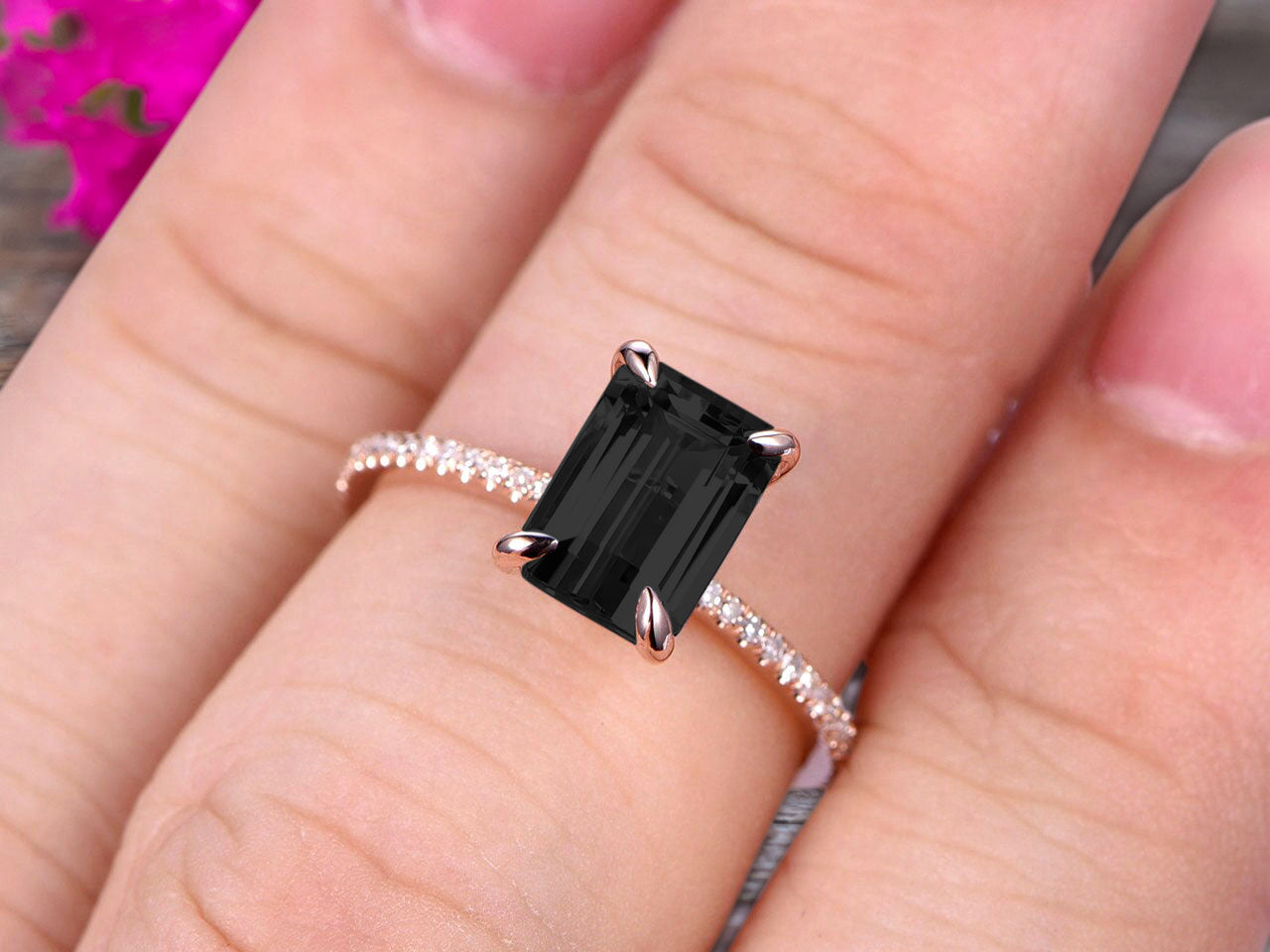 JeenJewels 1.50 Carat Emerald Cut Black Diamond Moissanite Engagement Ring Custom Ring 10K Rose gold Ring