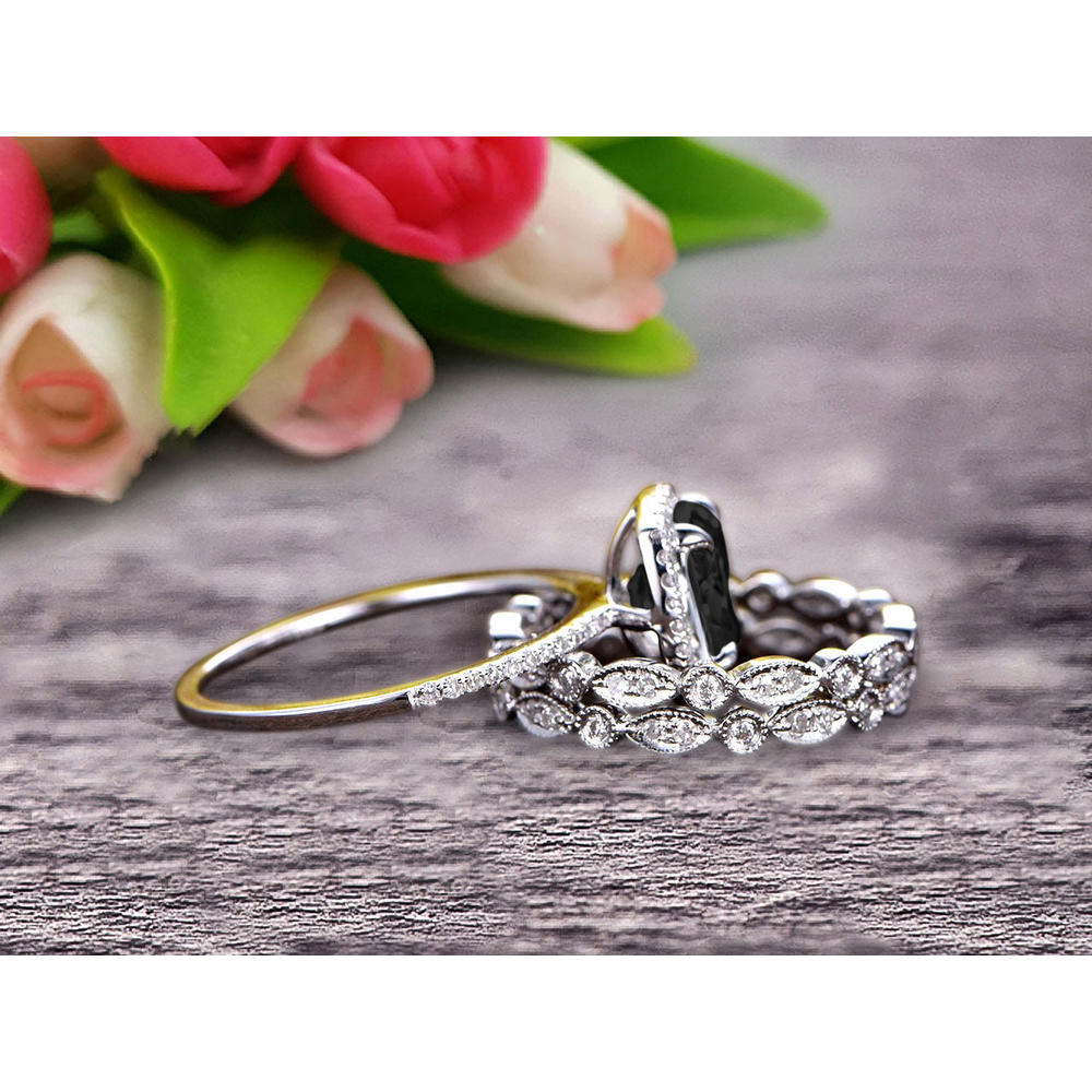 JeenJewels 3.05 Carat Cushion Cut Black Diamond Moissanite Bridal Set Engagement Wedding Ring 10k White Gold Full Eternity Art Deco