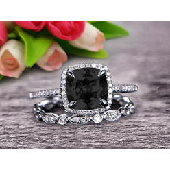 JeenJewels 2.55 Carat Cushion Cut Vintage Looking Black Diamond Moissanite Engagement Ring with Wedding Band on 10k White Gold