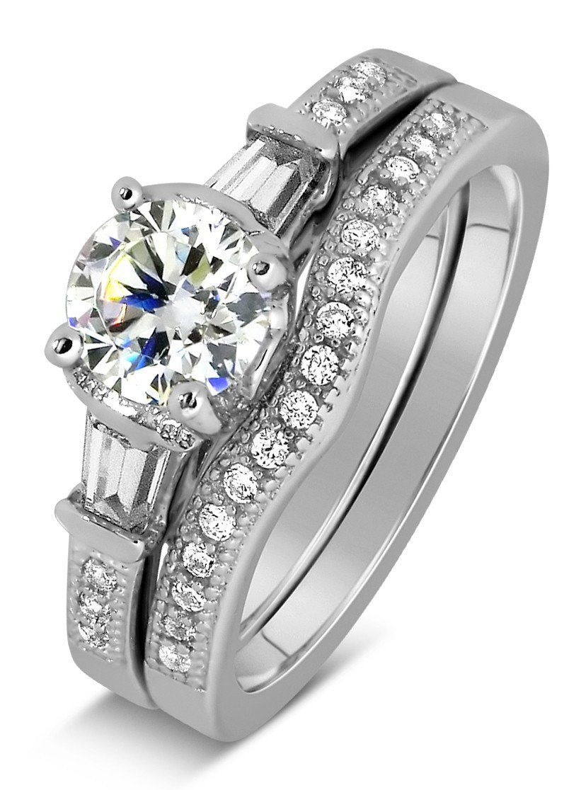 JeenJewels Antique 2.00 Carat Round Moissanite Wedding Ring Set with Baguette Moissanite for Her with 18k Gold Plating