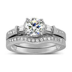 JeenJewels Antique 2.00 Carat Round Moissanite Wedding Ring Set with Baguette Moissanite for Her with 18k Gold Plating