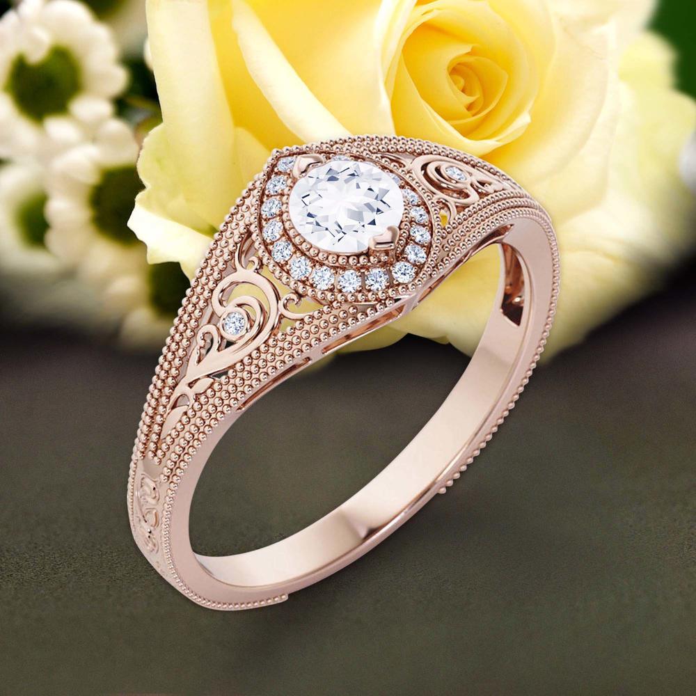 JeenJewels Decorative Ornament 1.25 Carat Round Cut Diamond Moissanite Engagement Ring, Vintage Look in Silver With 18k Rose
 Gold Plating