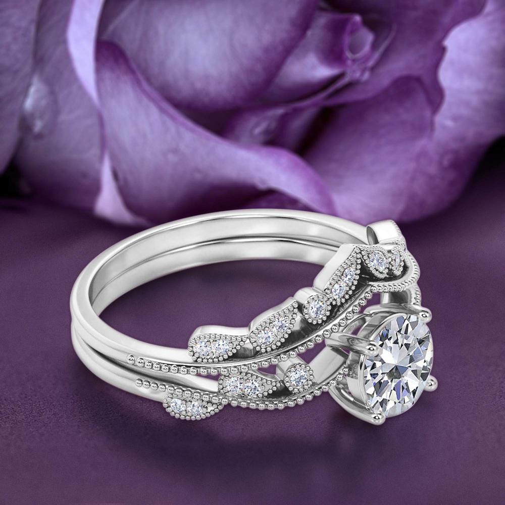 JeenJewels 1.75 Carat Round Cut Diamond Moissanite Engagement Ring Set, Matching Curved Wedding Band in Silver With 18k White Gold Plating