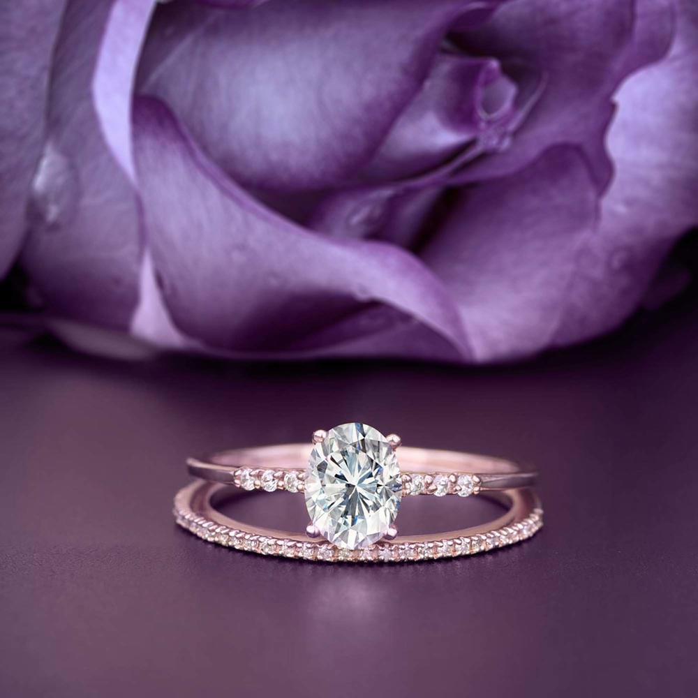 JeenJewels Art deco 2.00 Carat Oval Cut Diamond Moissanite Engagement Ring Set, in 10k Solid Rose Goldg, Bridal Ring Sett Gift