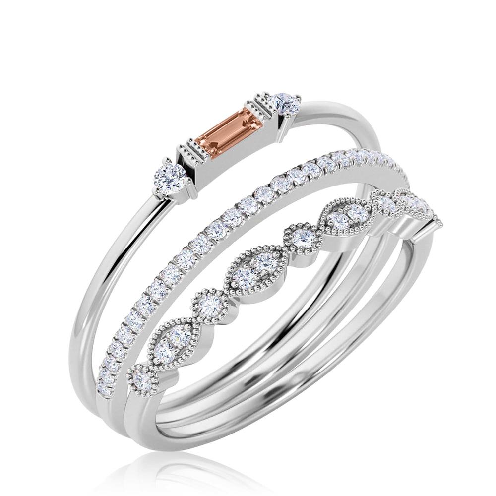JeenJewels Dainty 1.75 Carat Baguette Cut Morganite And Diamond Moissanite Engagement Ring, in 10k Solid White Gold, Trio Setg