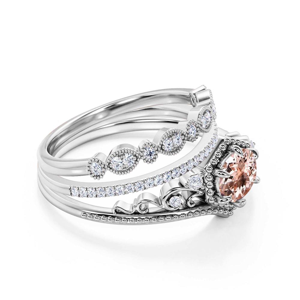 JeenJewels Modern Ring 
 2.50 Carat Round Cut Morganite And Diamond Moissanite Crown Engagement Ring, 10k Solid White Gold, Trio Rings