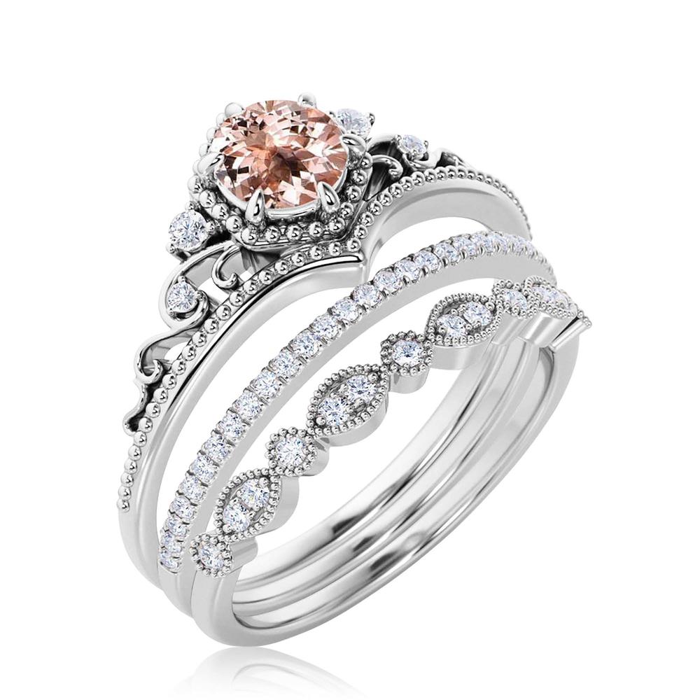 JeenJewels Modern Ring 
 2.50 Carat Round Cut Morganite And Diamond Moissanite Crown Engagement Ring, 10k Solid White Gold, Trio Rings