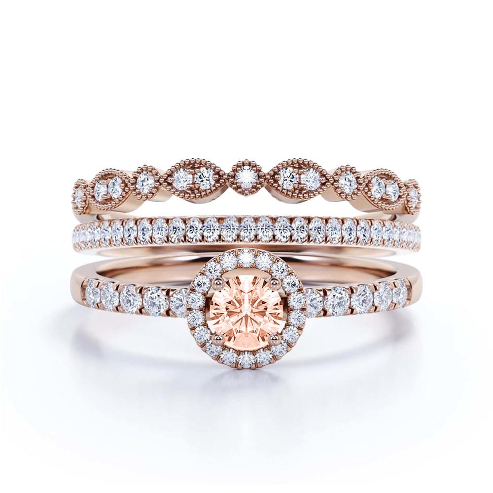 JeenJewels 2.00 Catar Round Cut Morganite And Diamond Moissanite Engagement Ring, Two Matching Band in 10k Solid Rose Gold