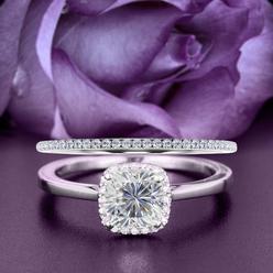 JeenJewels Halo 2.05 Carat Cushion Cut Diamond Moissanite Engagement Ring, One Matching Band in 10k Solid White Gold 