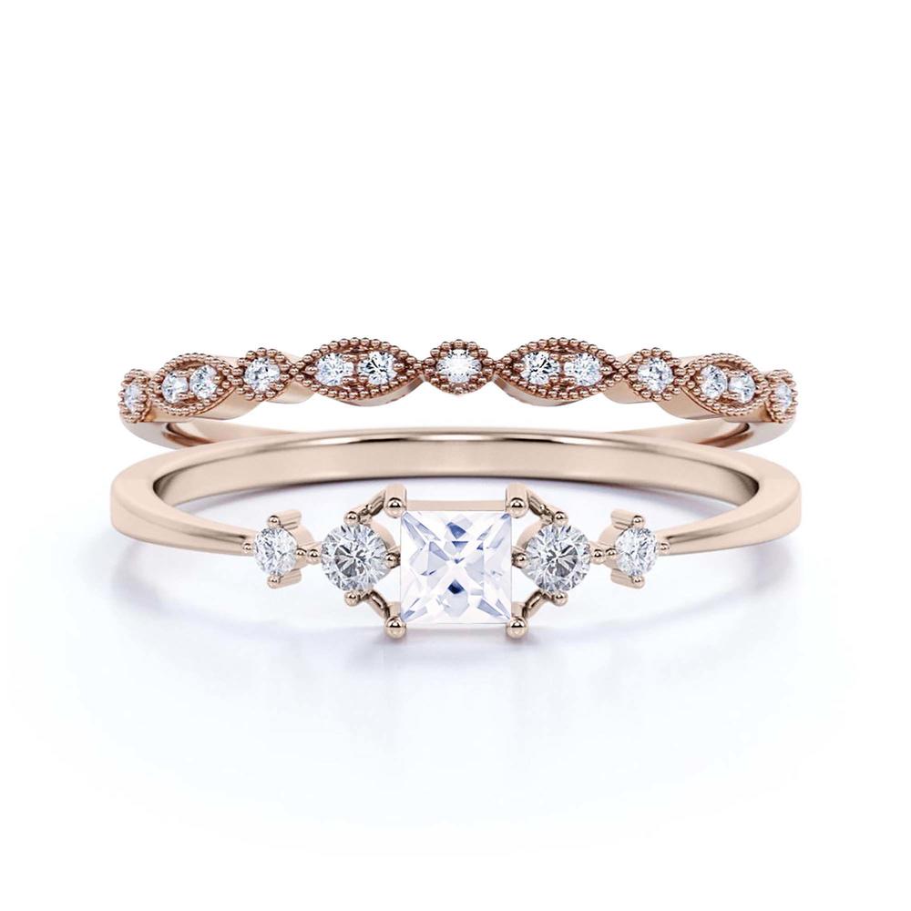 JeenJewels 1.25 Carat Princess Cut Diamond Moissanite Engagement Ring, Dainty in Silver With 18k Rose Gold Plating Bridal Set