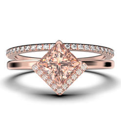 JeenJewels 2 Ct Princess Morganite And Diamond Moissanite Engagement Ring, Classic Wedding Ring, One Matching Band in 10k Solid Rose Gold