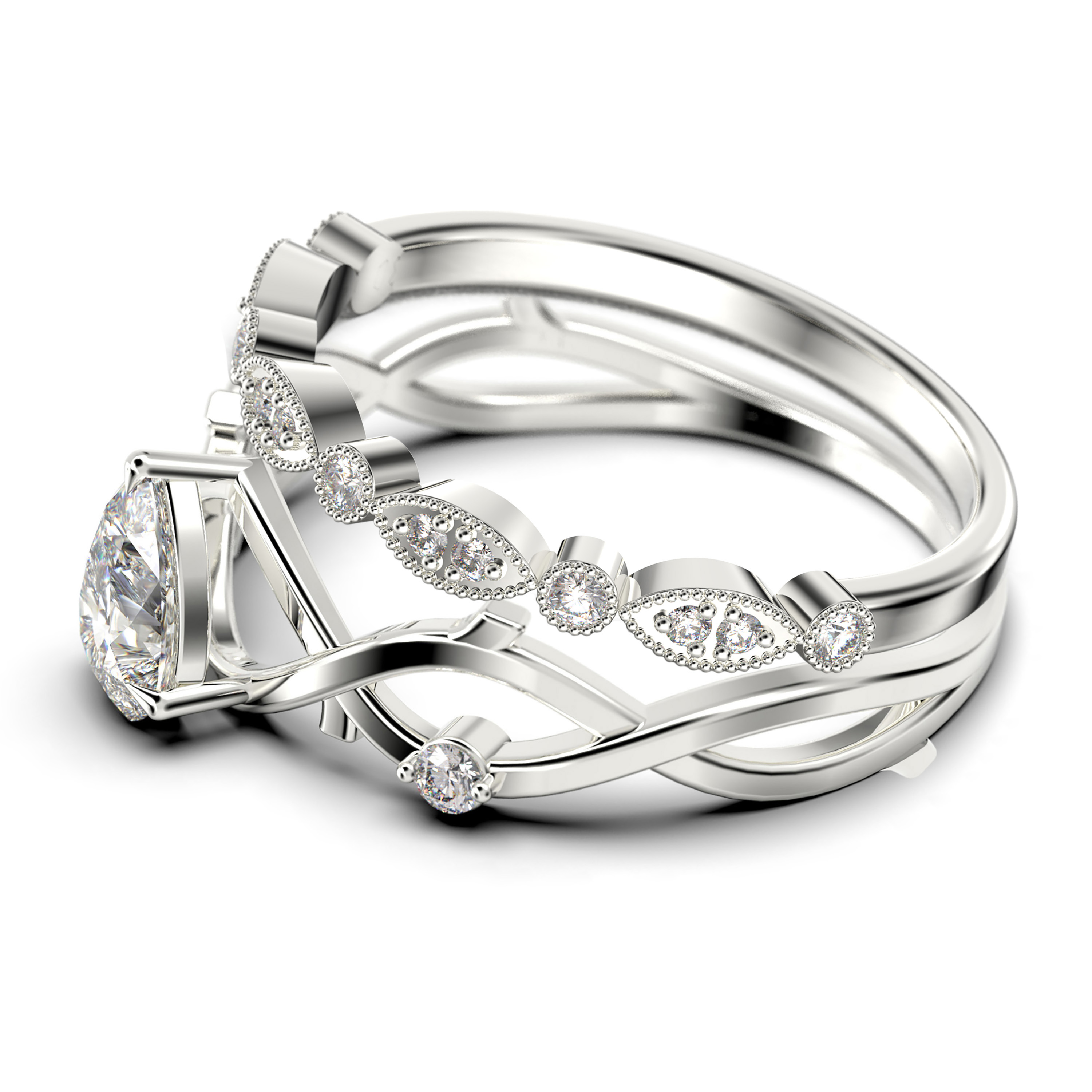 JeenJewels Boho & hippie 1.60 Carat Pear Cut Diamond Moissanite Unique Engagement Ring in 10k Solid White Gold, Bridal Set
