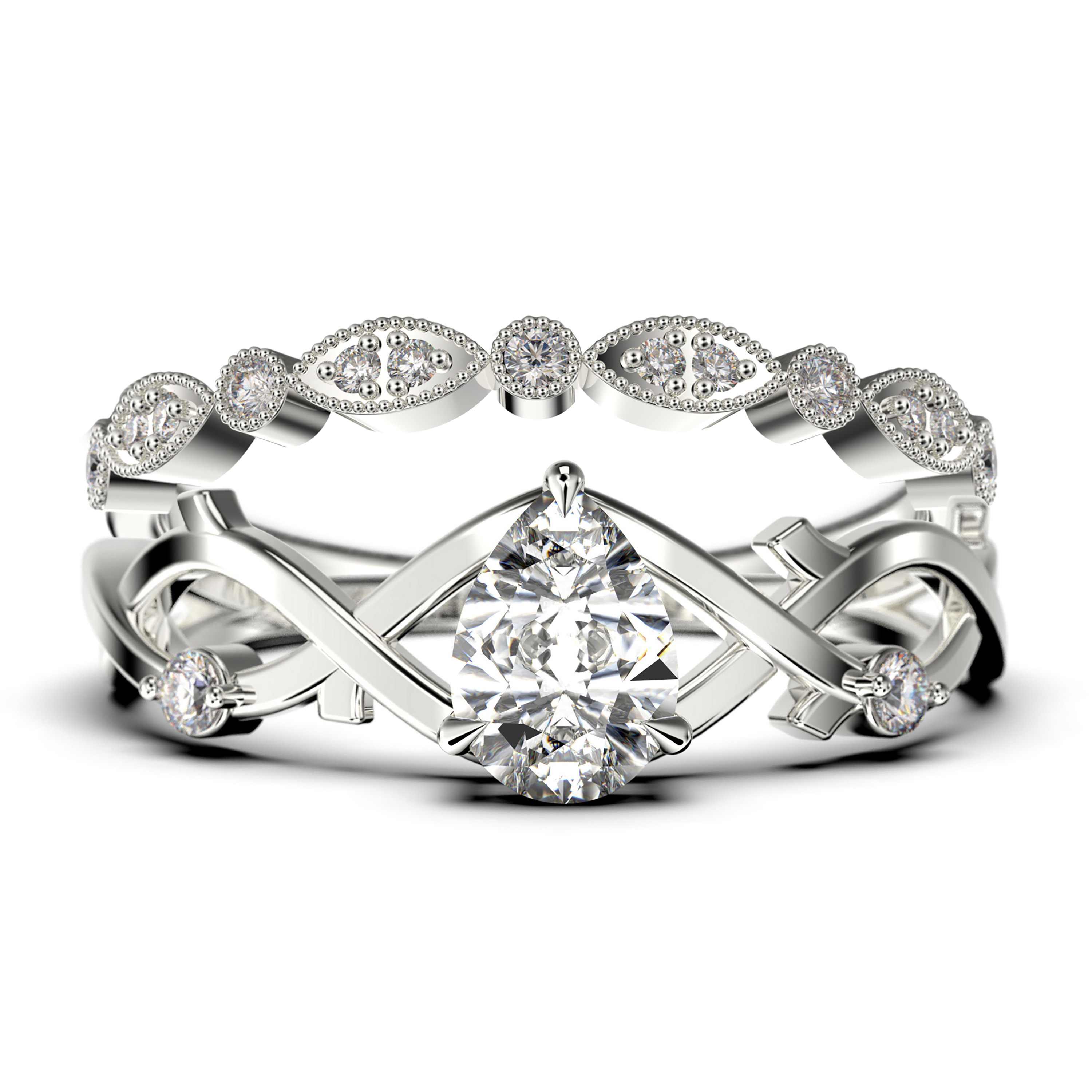 JeenJewels Boho & hippie 1.60 Carat Pear Cut Diamond Moissanite Unique Engagement Ring in 10k Solid White Gold, Bridal Set