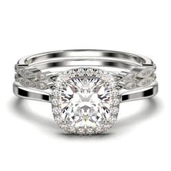 JeenJewels Dazzling Halo 2.55 Ct Cushion Cut Diamond Moissanite Engagement Ring, Trio Set in 10k Solid White Gold Shank