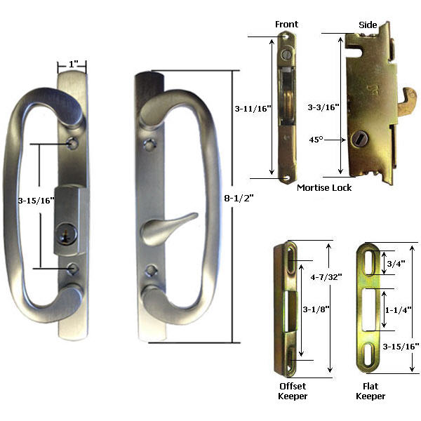 Gordon Glass Co. Sliding Glass Patio Door Handle Kit with Mortise Lock and Keepers, B-Position, Brushed Chrome, Keyed