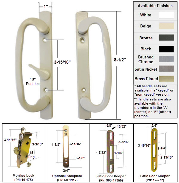 Gordon Glass Co. Sliding Glass Patio Door Handle Kit with Mortise Lock and Keepers, B-Position, Beige, Non-Keyed