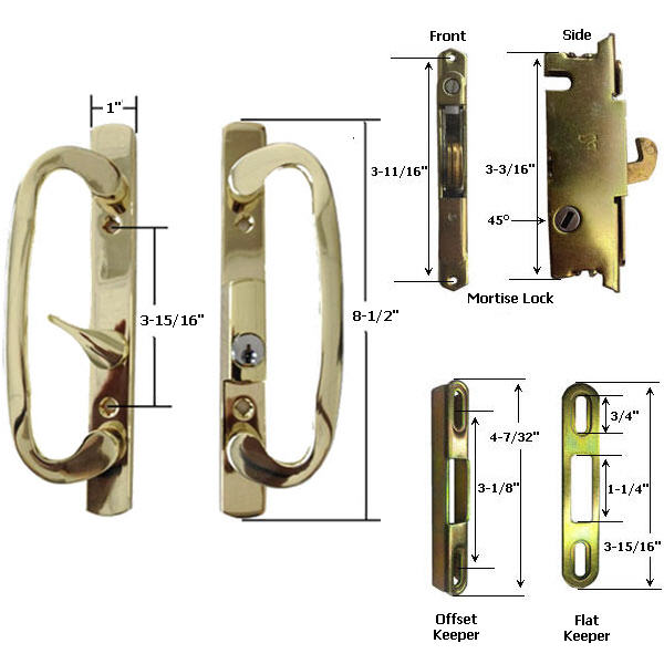 Gordon Glass Co. Sliding Glass Patio Door Handle Kit with Mortise Lock and Keepers, B-Position, Brass-Plated, Keyed
