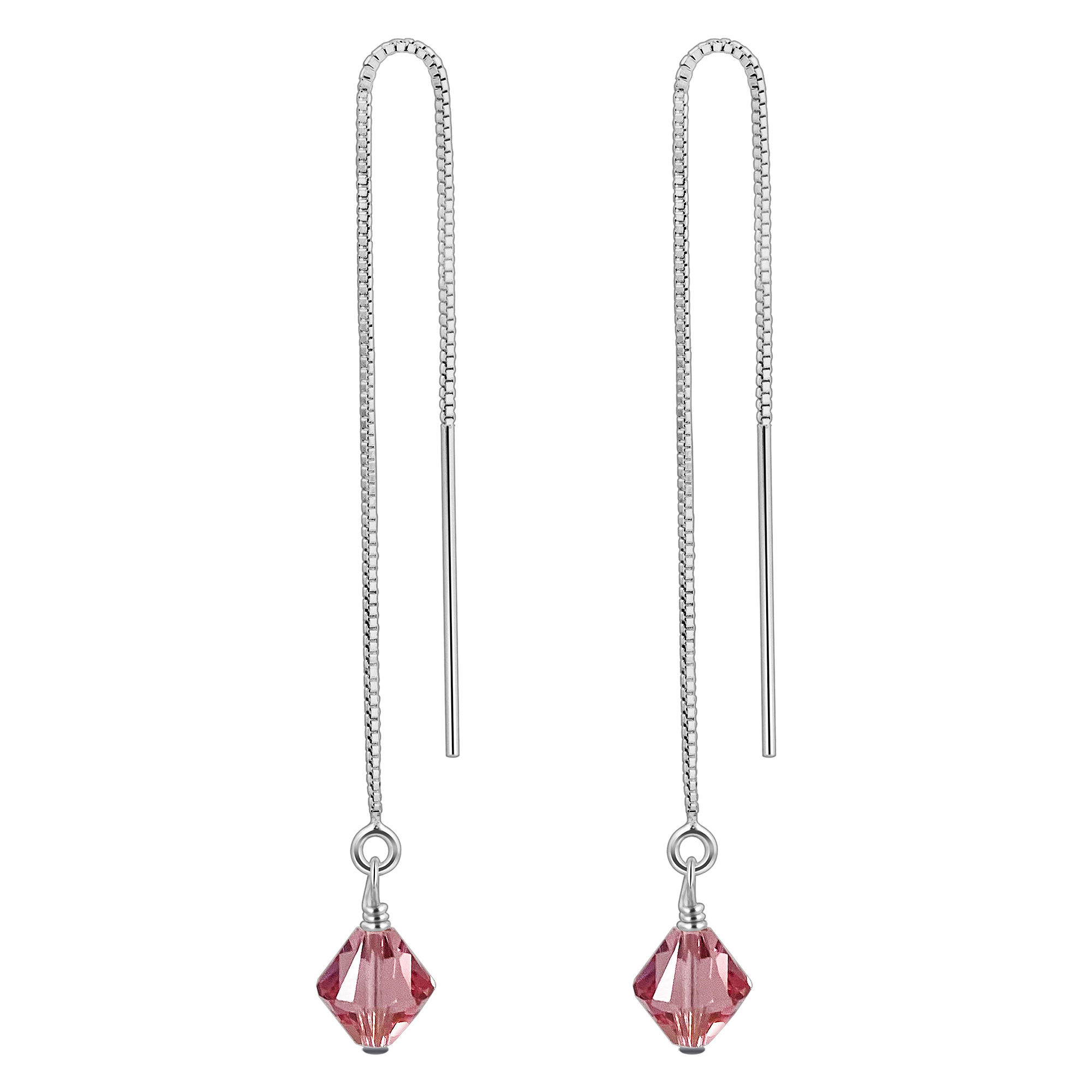 Gem Avenue Stylish Pink Genuine Swarovski Crystals Sterling Silver 2" Long Threader Ear Wire String Earrings