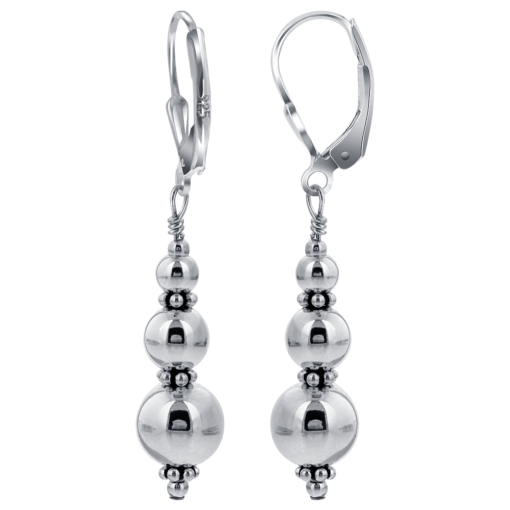 Gem Avenue 925 Sterling Silver Bali accents Triple Round Beads Handmade Leverback Drop Earrings
