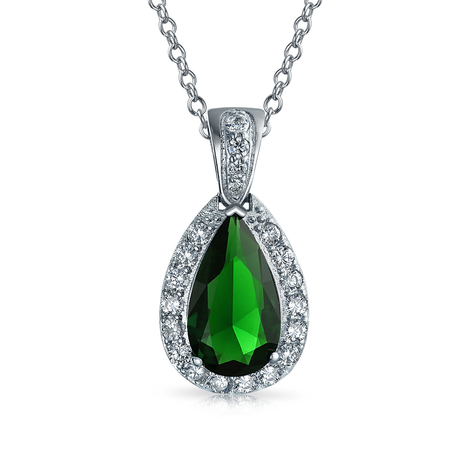 bling jewelry Pave AAA CZ Halo Imitation Emerald Green Pear Shaped Teardrop Pendant Necklace For Women Silver Plated