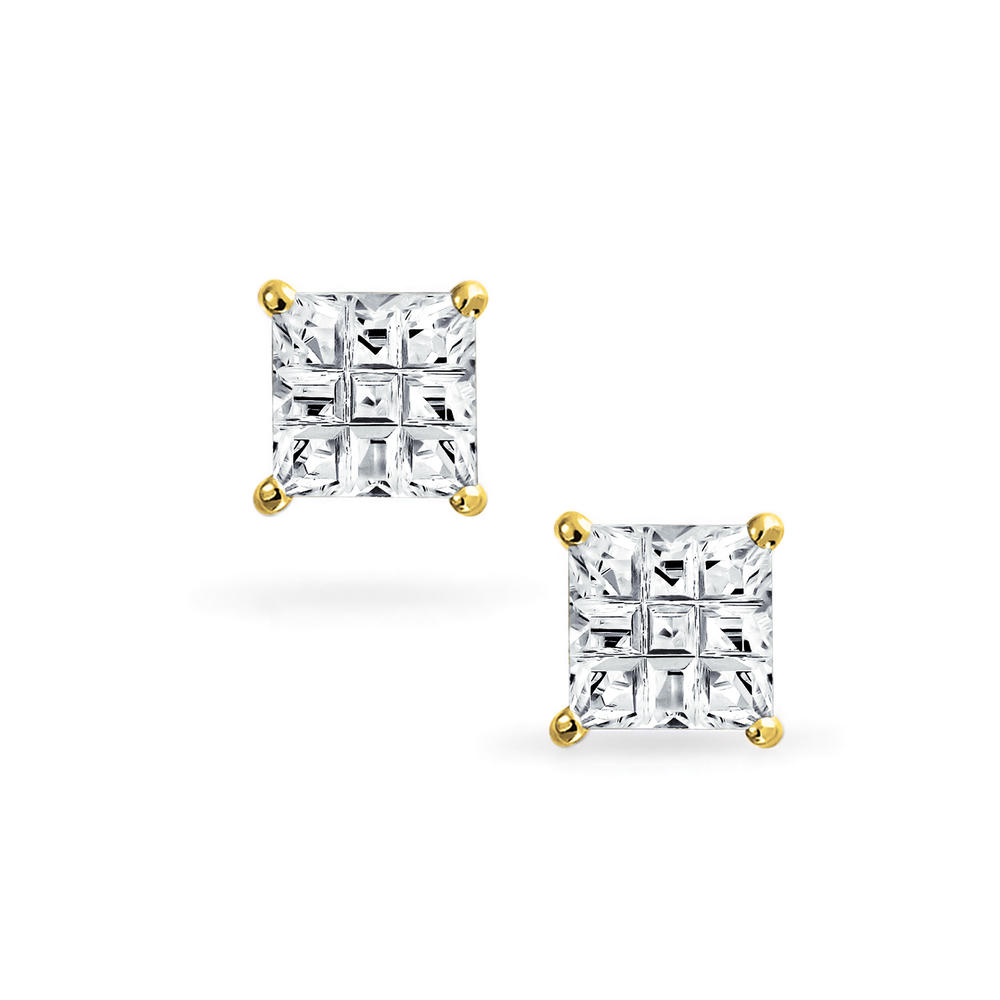 bling jewelry .50Ct Square AAA CZ Cubic Zirconia Invisible Cut Stud Earrings For Men For Women 14K Gold Plated 925 Sterling Silver