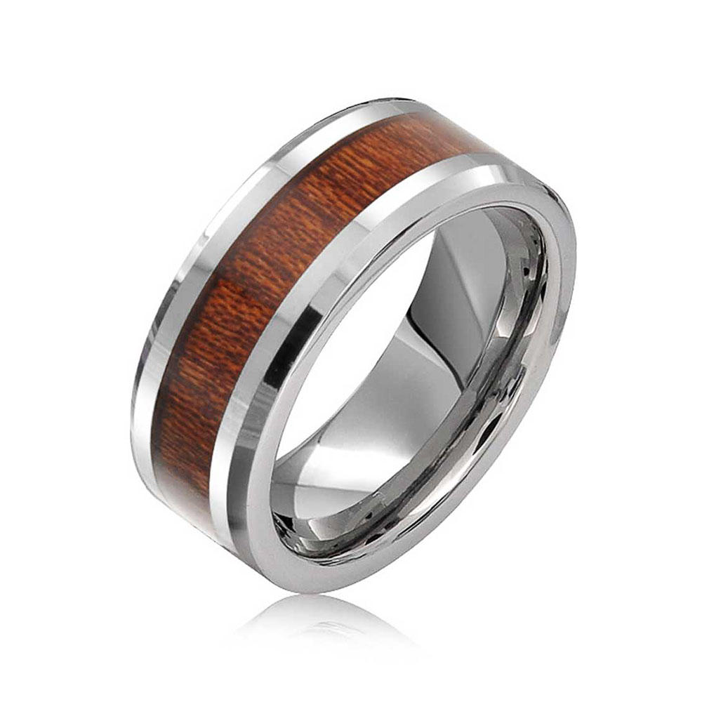 bling jewelry Koa Wood Inlay Titanium Wedding Band Rings For Men For Women Silver Tone Comfort Fit 8MM