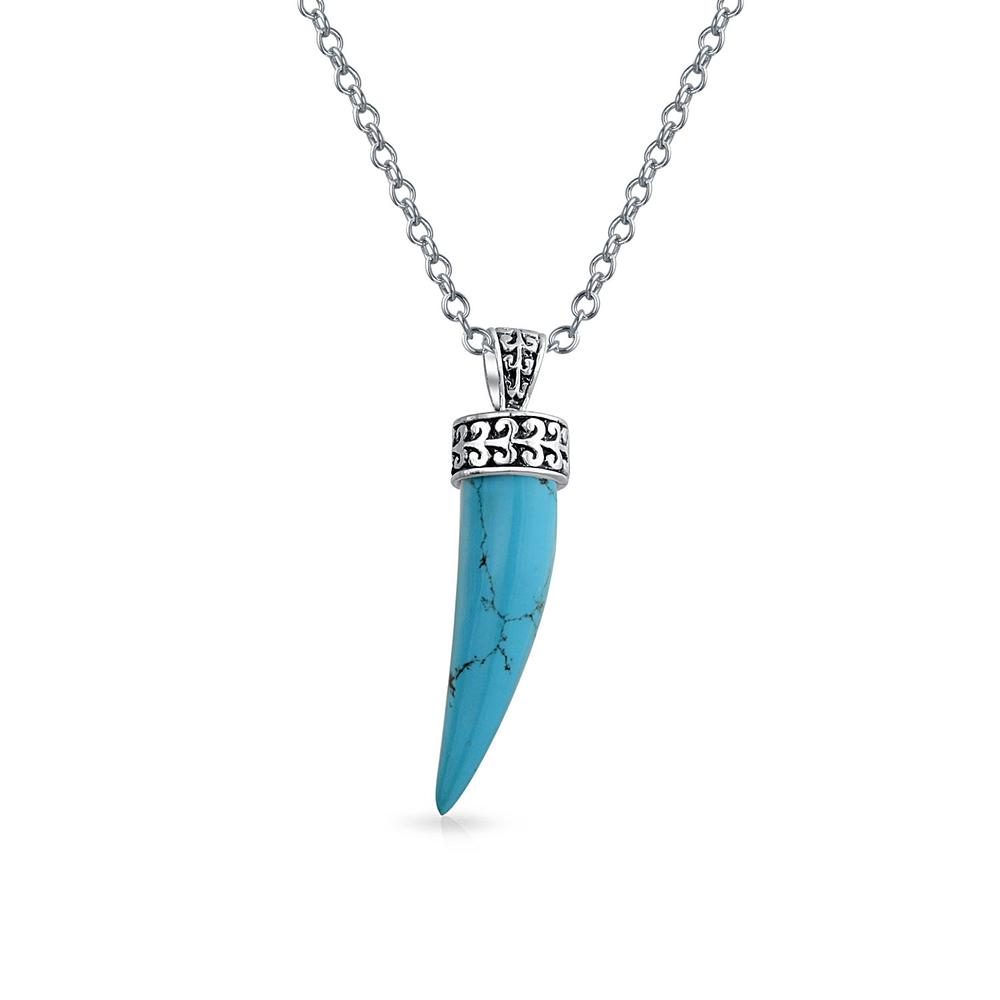 bling jewelry Protection Tooth Amulet Stabilized Turquoise Gemstone Italian Horn Pendant Necklace For Women 925 Sterling Silver