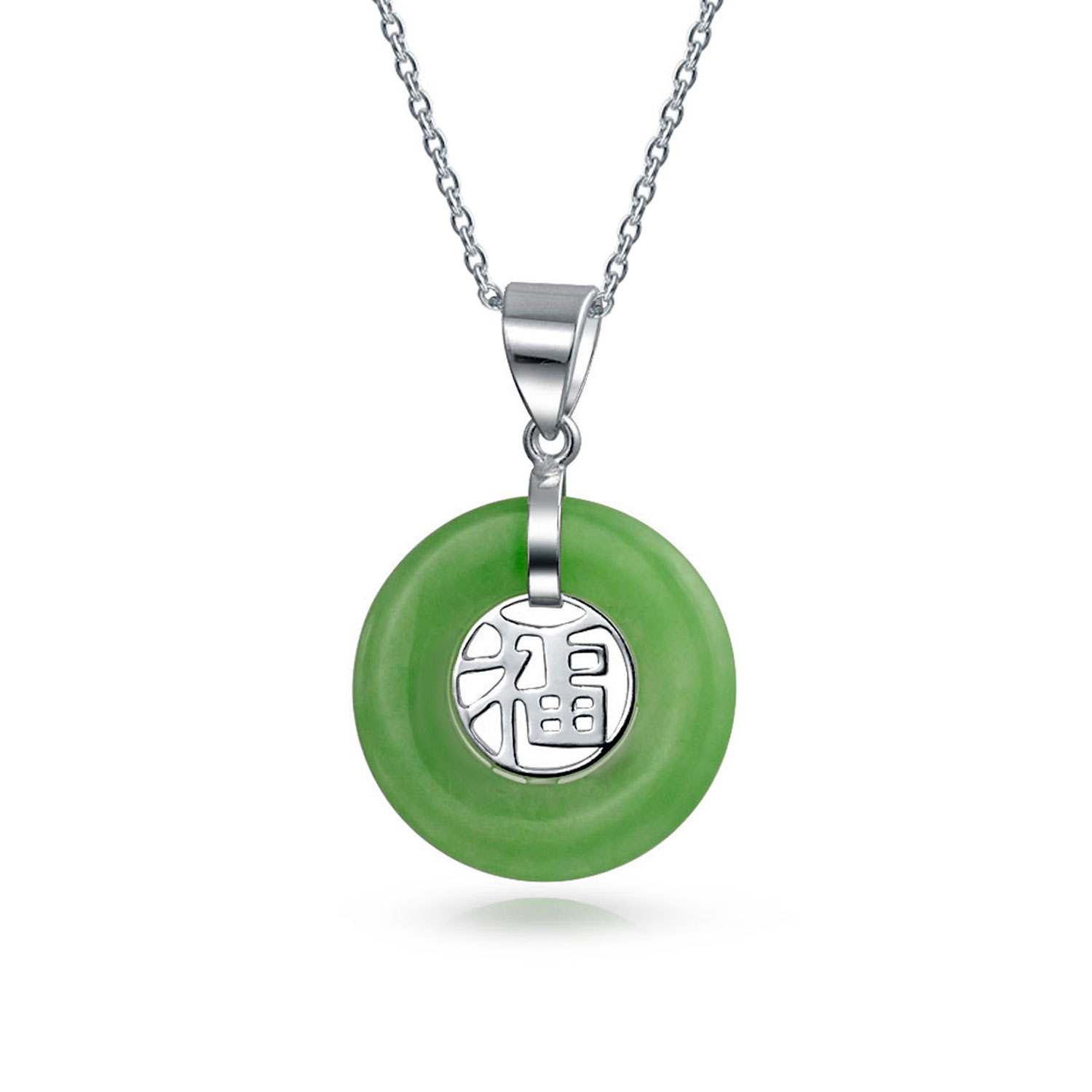 bling jewelry Chinese tune Circle Disc Green Jade Pendant Sterling Silver Necklace