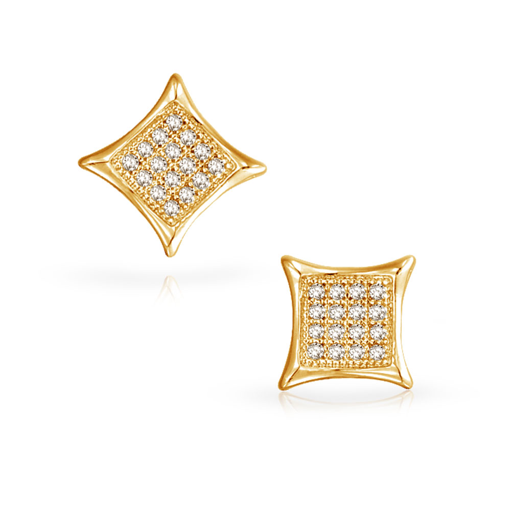 bling jewelry Square Shaped Cubic Zirconia Micro Pave CZ Kite Stud Earrings For Men 14K Gold Plated 925 Sterling Silver 7MM