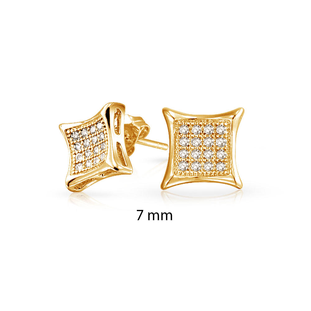 bling jewelry Square Shaped Cubic Zirconia Micro Pave CZ Kite Stud Earrings For Men 14K Gold Plated 925 Sterling Silver 7MM