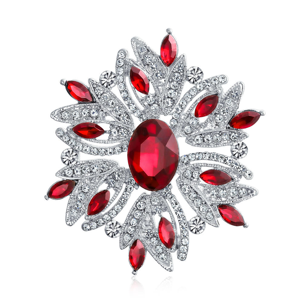 bling jewelry Large Statement Vintage Style Crystal Flower Red White Brooch Pin For Women For Mother Silver Plated