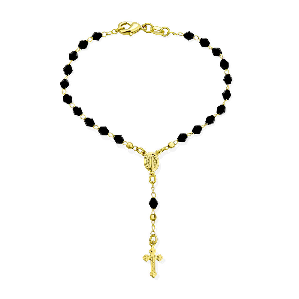 bling jewelry Black Crystal Virgin Mother Mary Rosary Prayer Bracelet Gold Plated