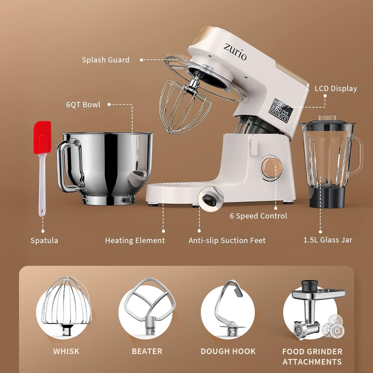 Generic Stand Mixer with Fermentation Function, 6 QT 660W Tilt-Head Food Mixer, 6-Speed, LCD Display with Timer