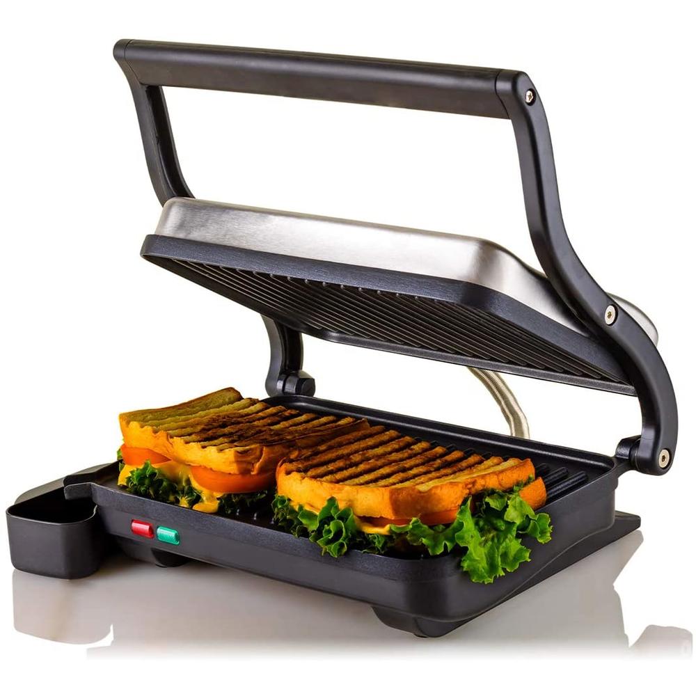 Ovente Electric Indoor Panini Press Grill with Non-Stick Double Flat Cooking Plate Countertop Sandwich Make Silver GP0620BR