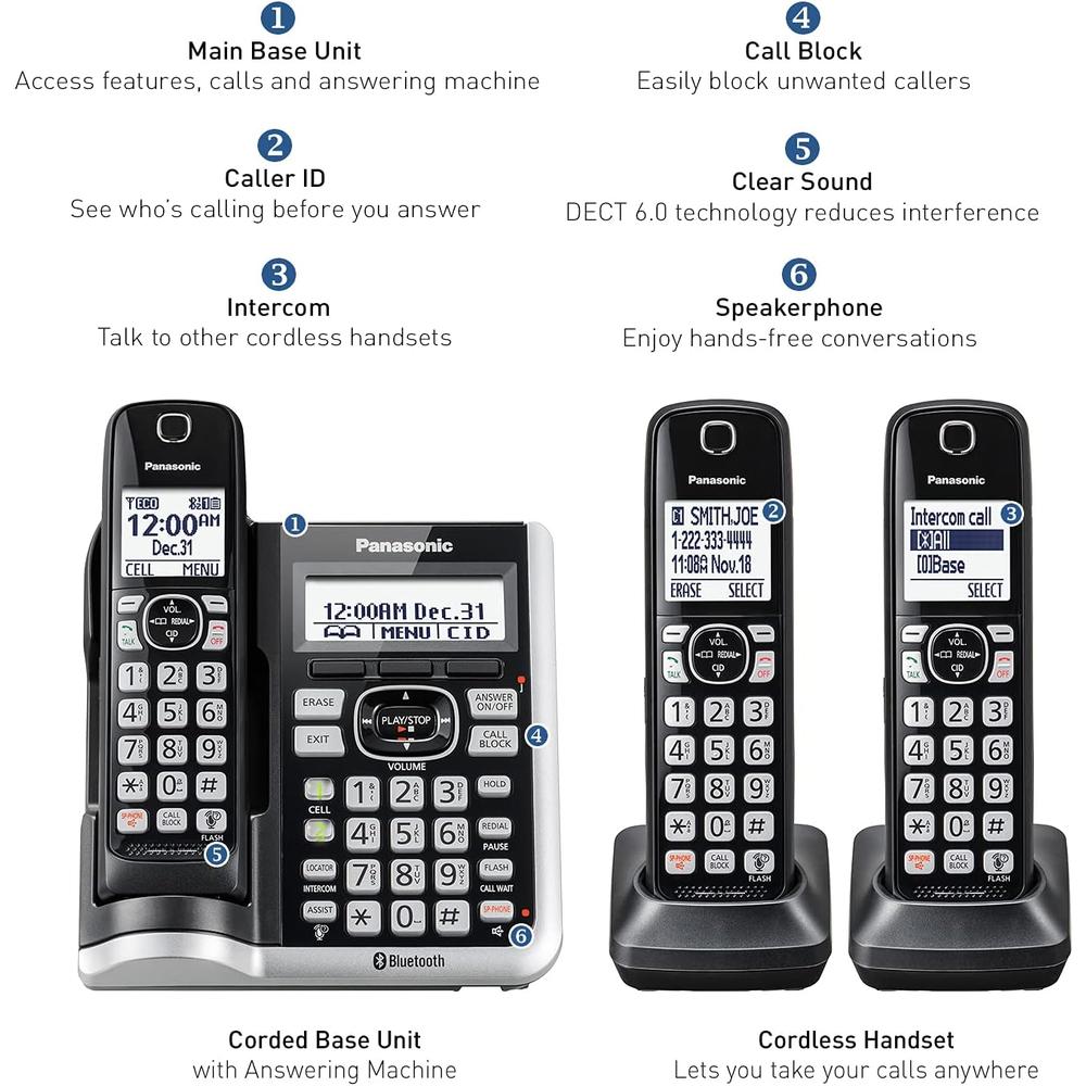 Panasonic Link2Cell Bluetooth Cordless Phone System with Voice Assistant, Call …