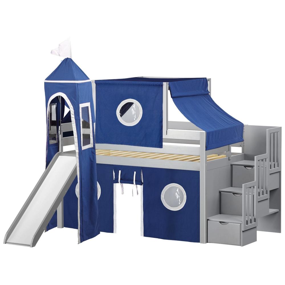 Jackpot Castle Low Loft Twin Stairway Bed with Slide Blue & White Tent and Tower, Gray