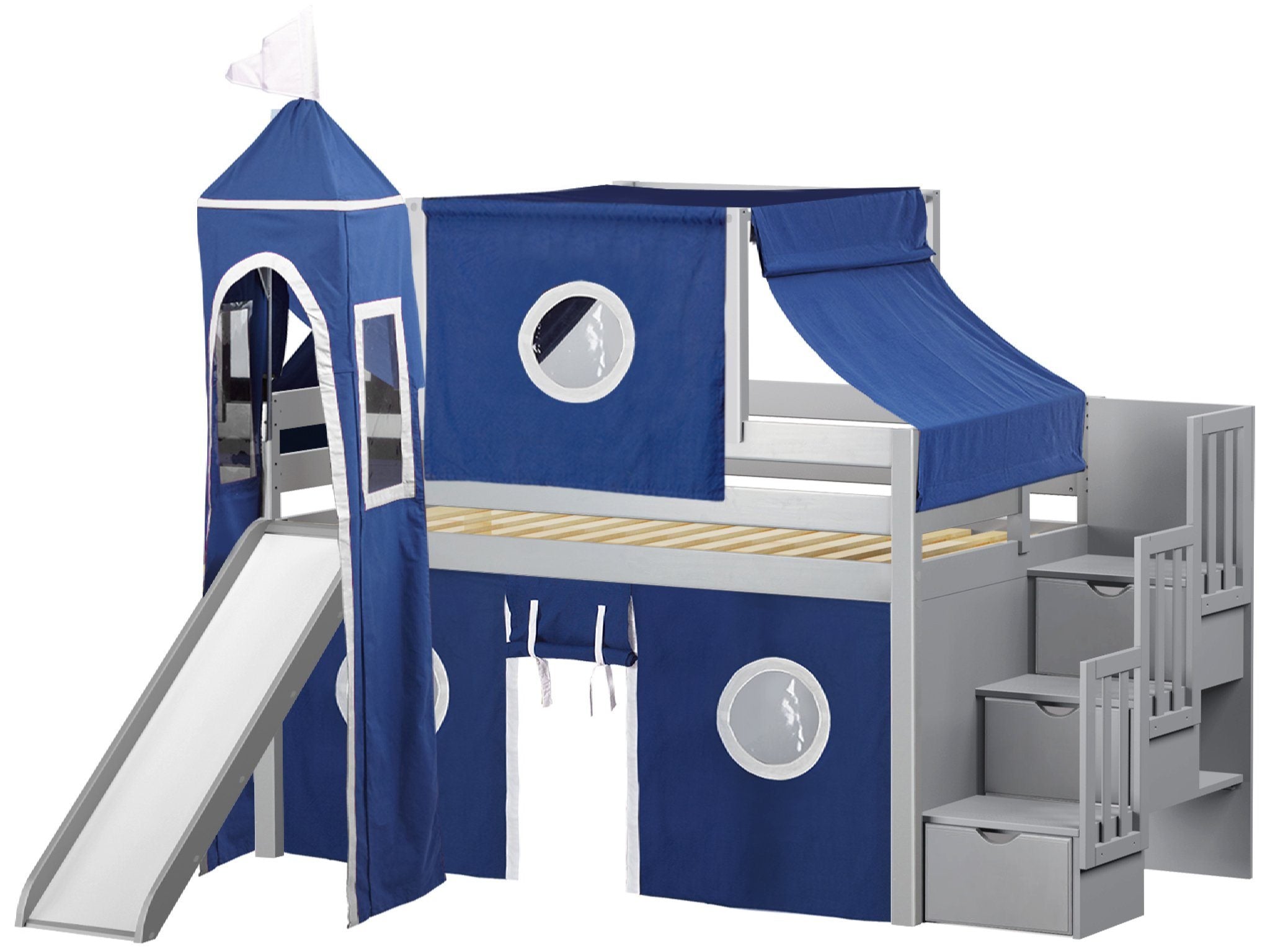 JACKPOT! Castle Low Loft Stairway Bed with Slide Blue & White Tent and Tower, Loft Bed, Twin, Gray