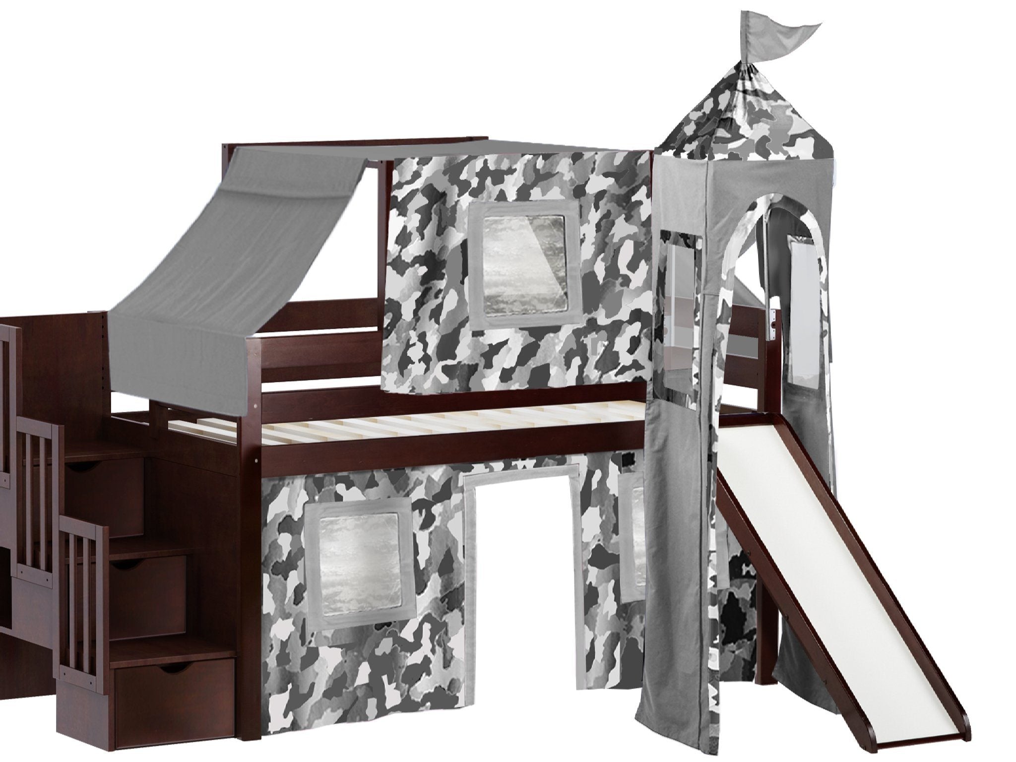 Jackpot Castle Low Loft Twin Stairway Bed with Slide Gray Camo Tent and Tower, Cherry