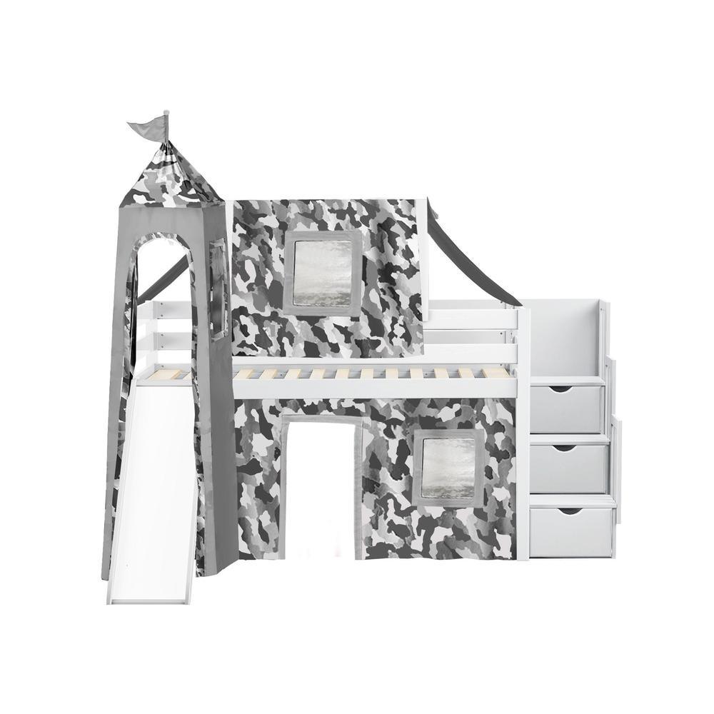 Jackpot Castle Low Loft Twin Stairway Bed with Slide Gray Camo Tent and Tower, White
